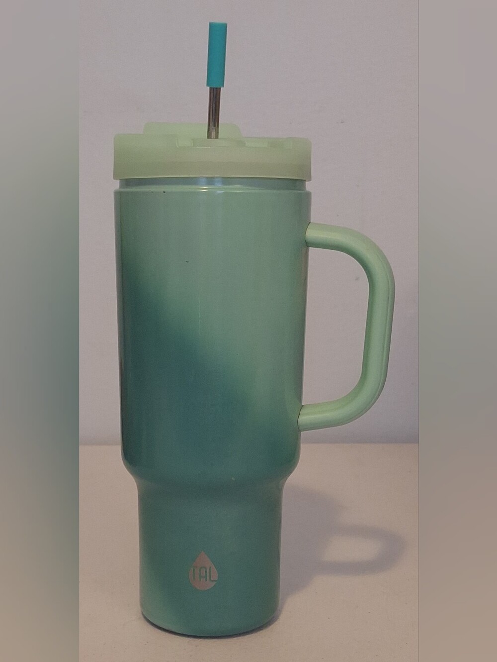 Mint Green Gradient Insulated Travel Mug with Handle and Straw